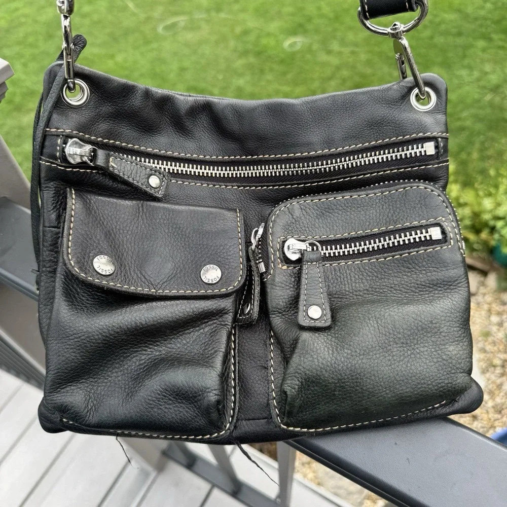 Fossil Y2K Sutton Crossbody Bag Black Pebble Leather Hobo Gorpcore Purse